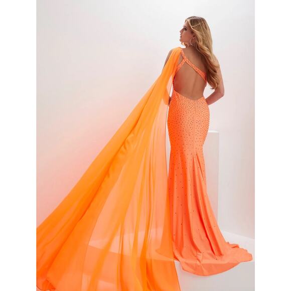 Panoply Orange Fitted Beaded Spandex One Shoulder Gown Prom Formal 10 - Picture 2 of 16